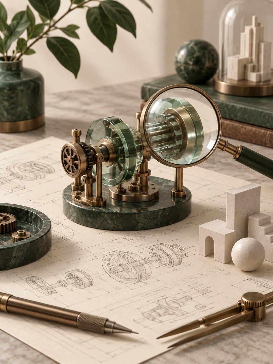 Concept illustration of a prototype and magnifying lens on technical drawings